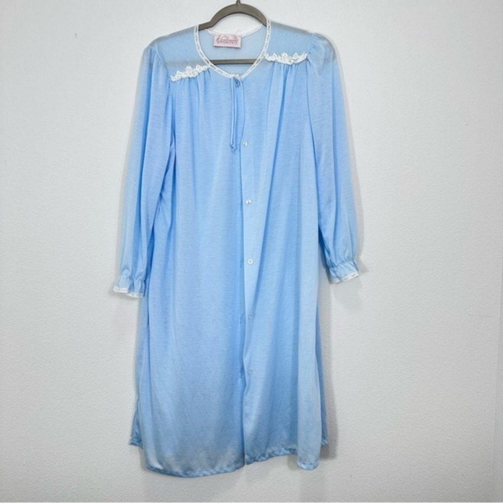 Vandemere Grannycore Light‎ Blue Lace Trimmed Night Robe Pockets Button Front M